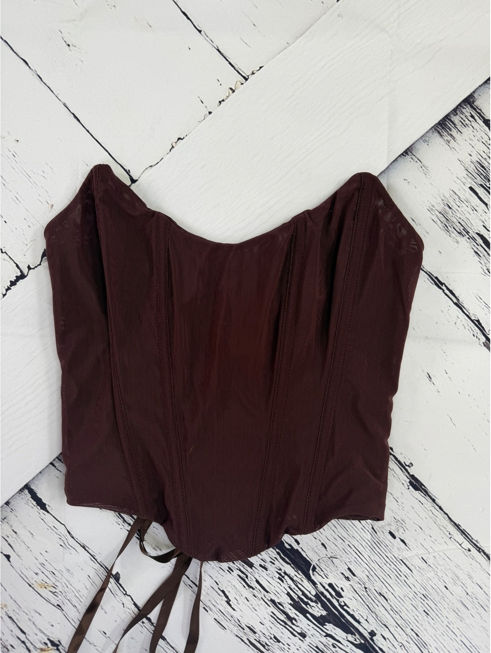 VTG Chocolate Brown Y2K Corset Top Strapless Ribbon Accent Hem Bustier Women SM